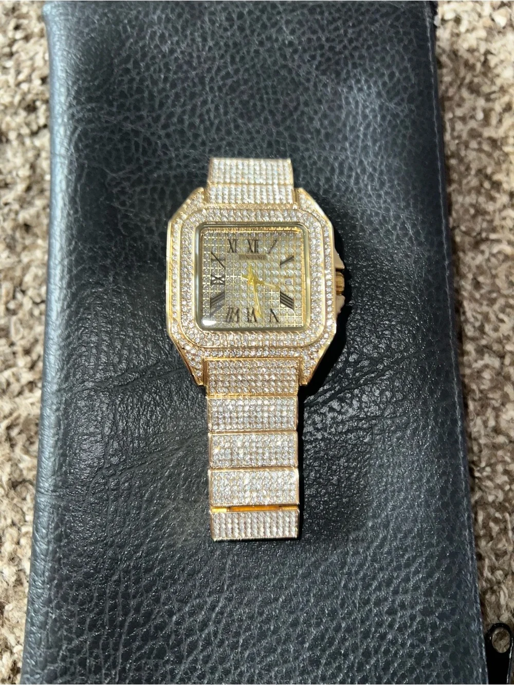 Pintime Iced Out Vintage Gold Diamond Moissanite Stainless Steel Watch